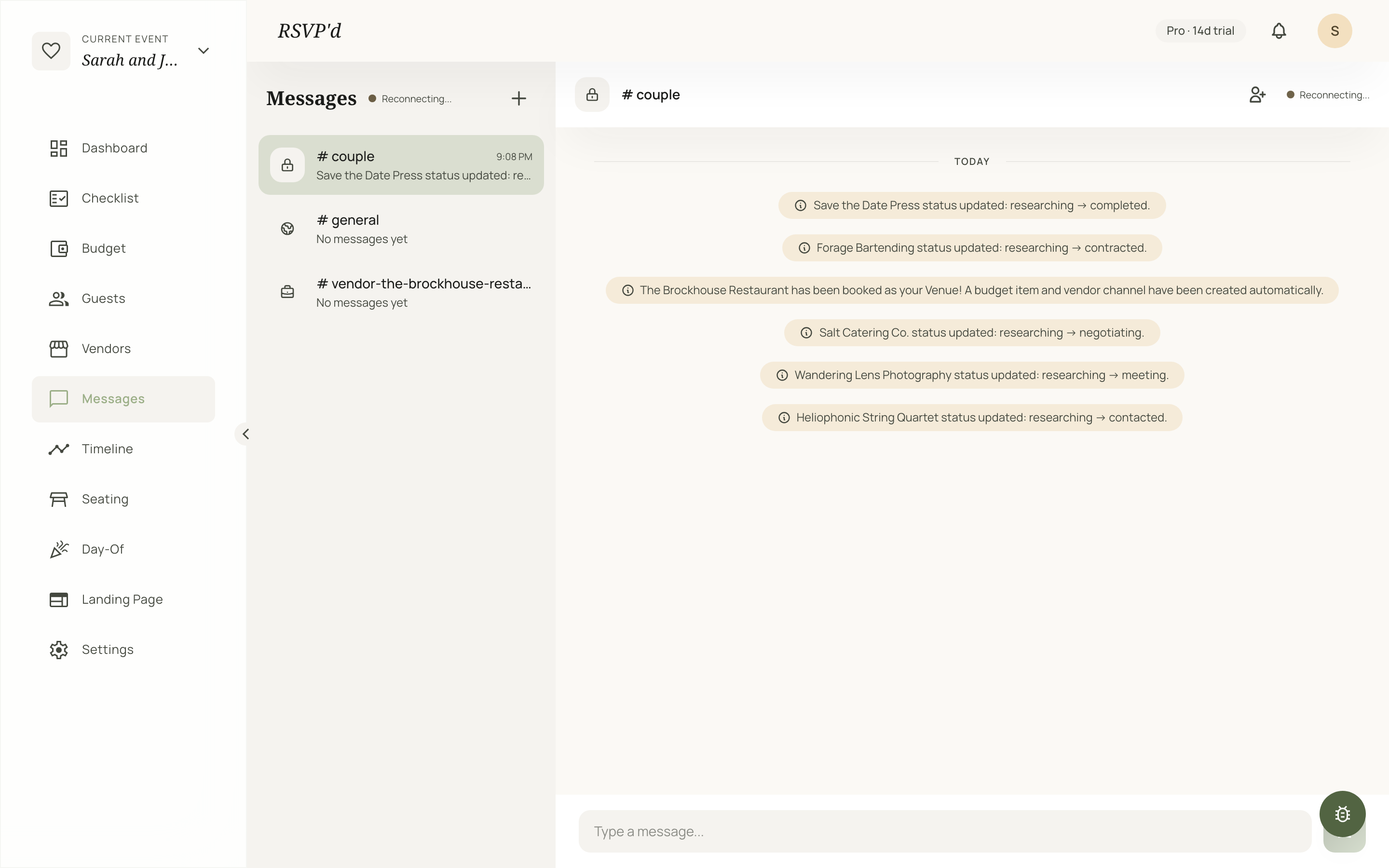RSVP'd messages view showing the AI auto-advancing vendor statuses (researching → contracted, researching → negotiating) as replies come in.