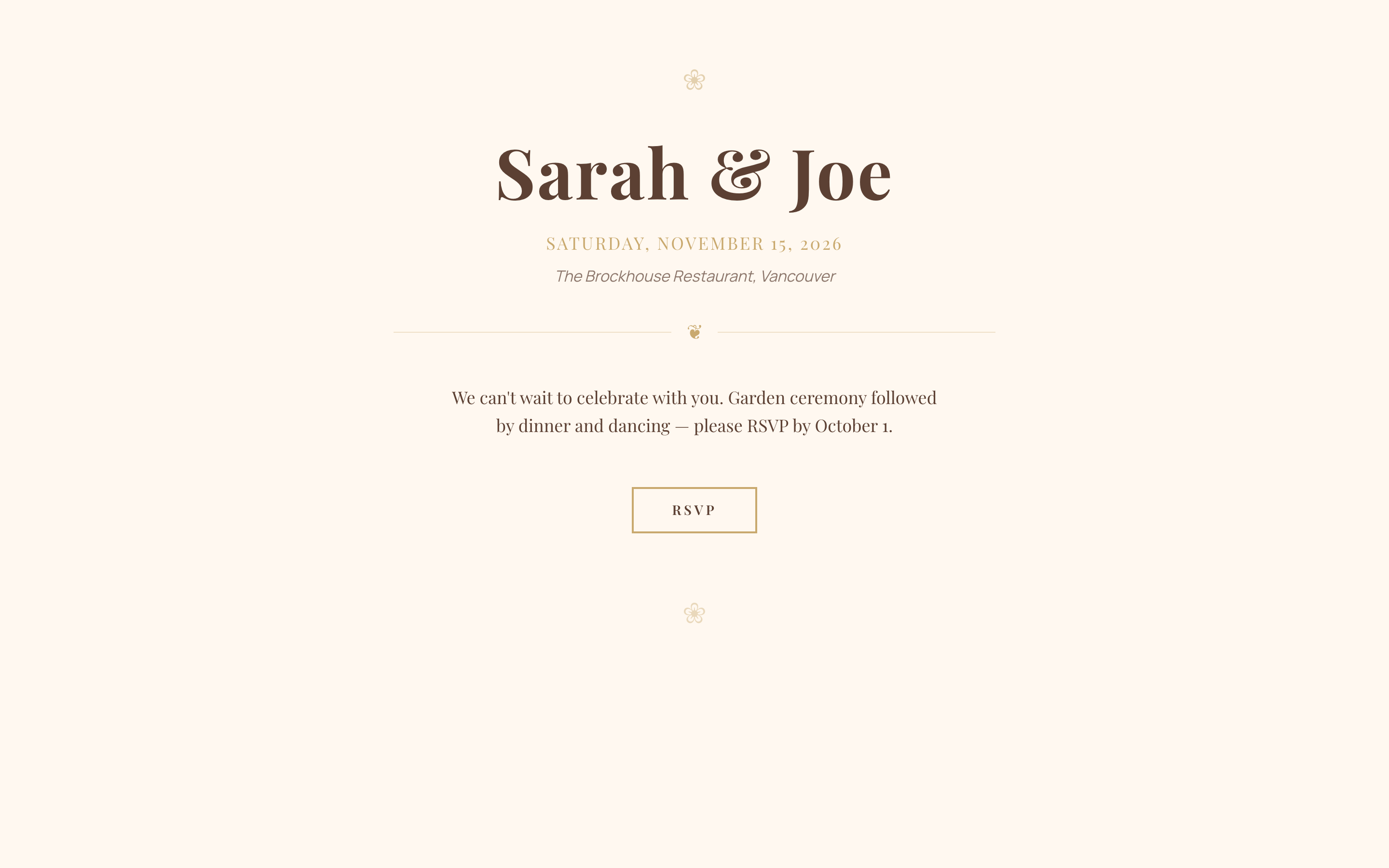 Public RSVP page for Sarah & Joe's Wedding showing the headline, date, venue, and a prominent RSVP button.