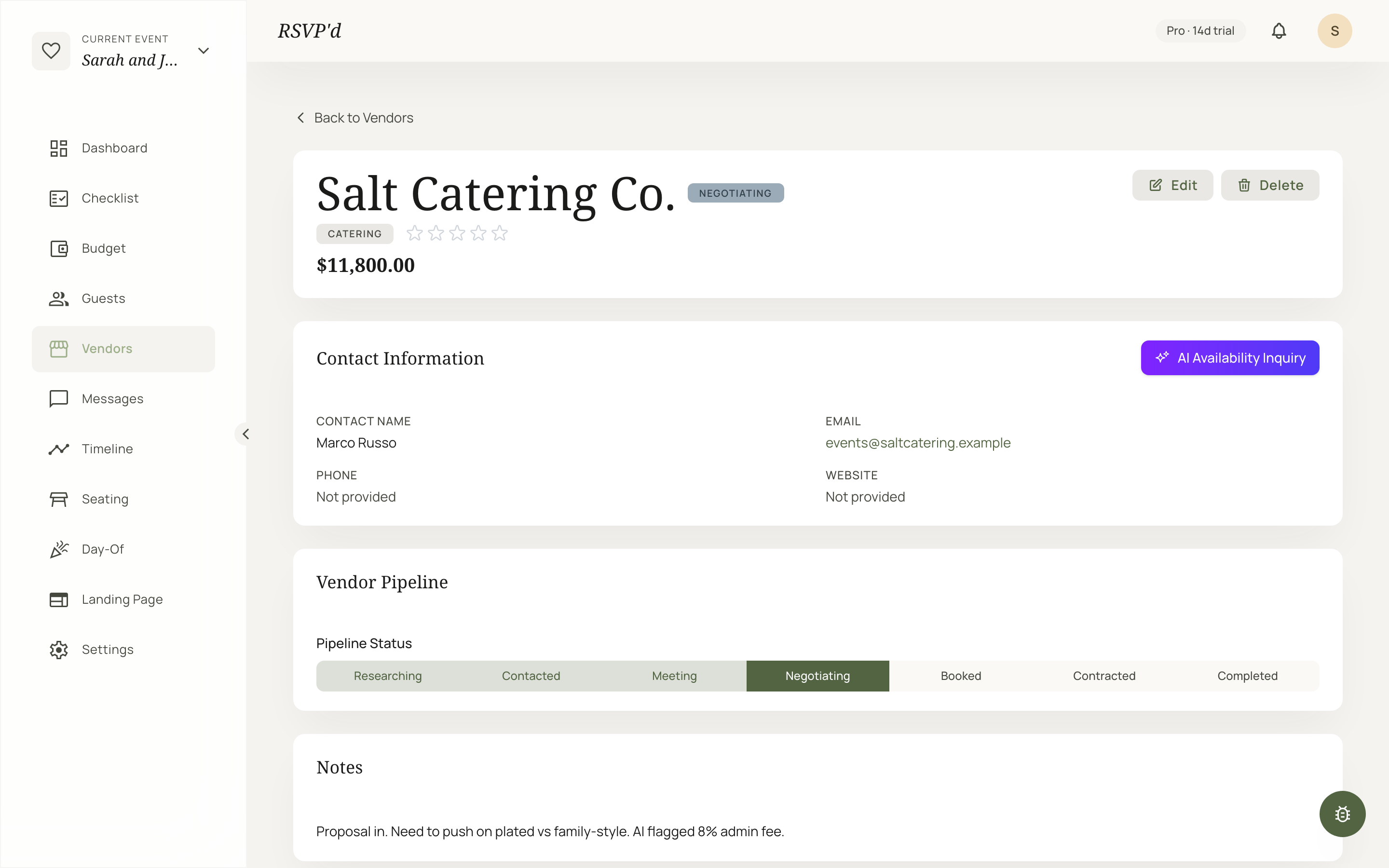 Salt Catering vendor detail page with AI Availability Inquiry button and pipeline status visualization across all seven stages.
