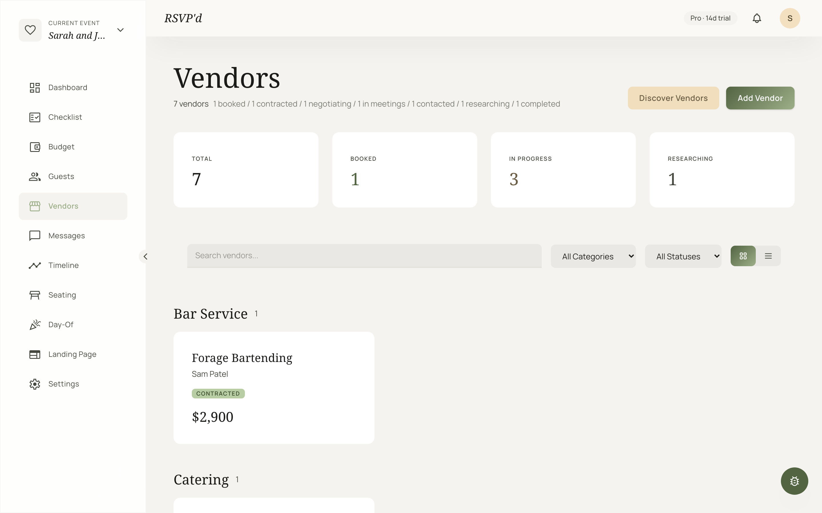 RSVP'd vendor pipeline showing seven vendors across researching, contacted, meeting, negotiating, booked, contracted, and completed stages.